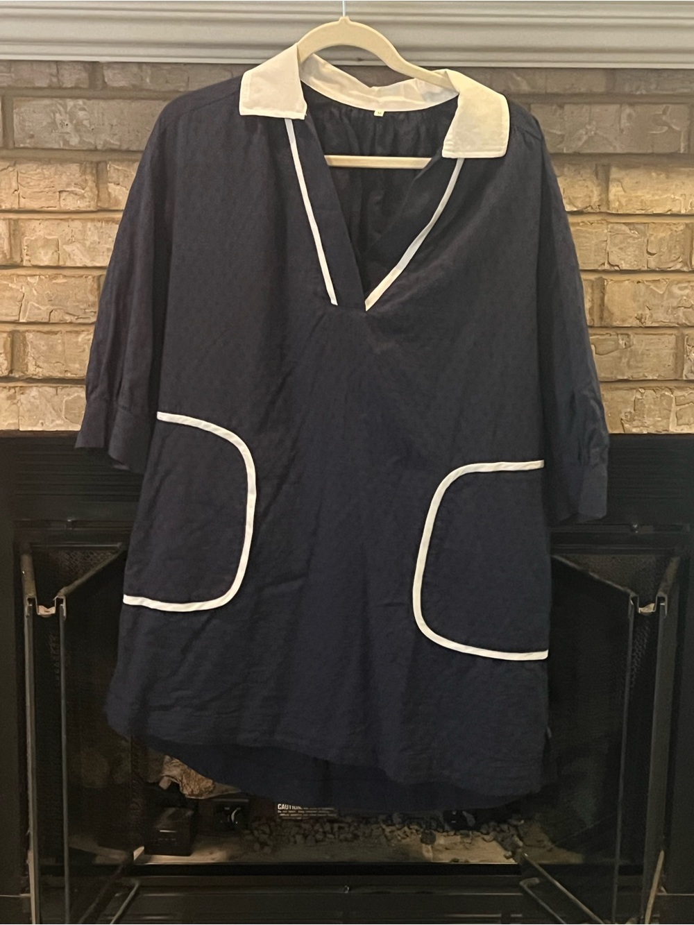 Navy Tunic dress with White Collar & Piping. Size med never worn